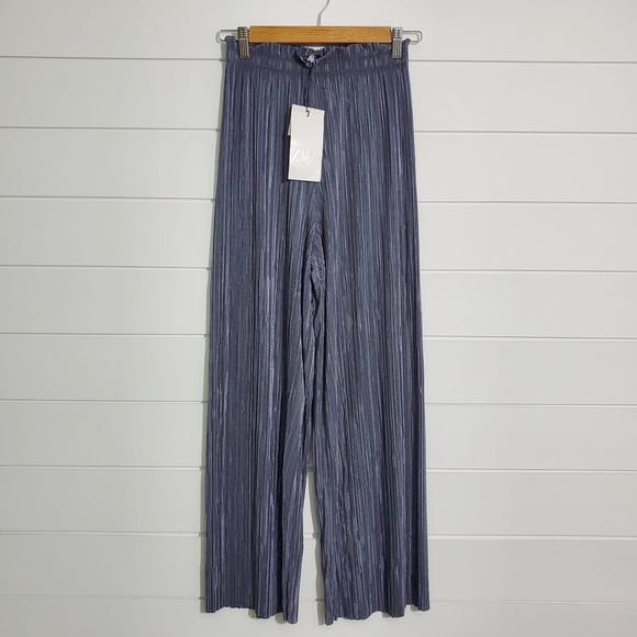 Zara Silver Accordion Pleated Pants Size S Wide Leg Party High Rise Size S - Picture 1 of 16